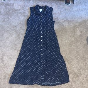 Navy Blue Polka Dot Button Boho Flowy Collared Neutral Basic Casual Maxi Dress